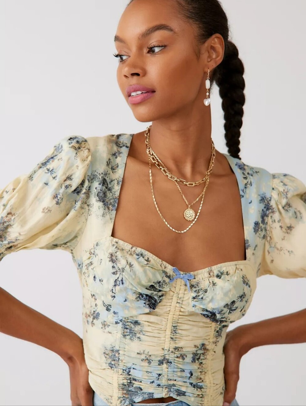 Urban outfitters Kyra Ruched Blouse in blue Multi